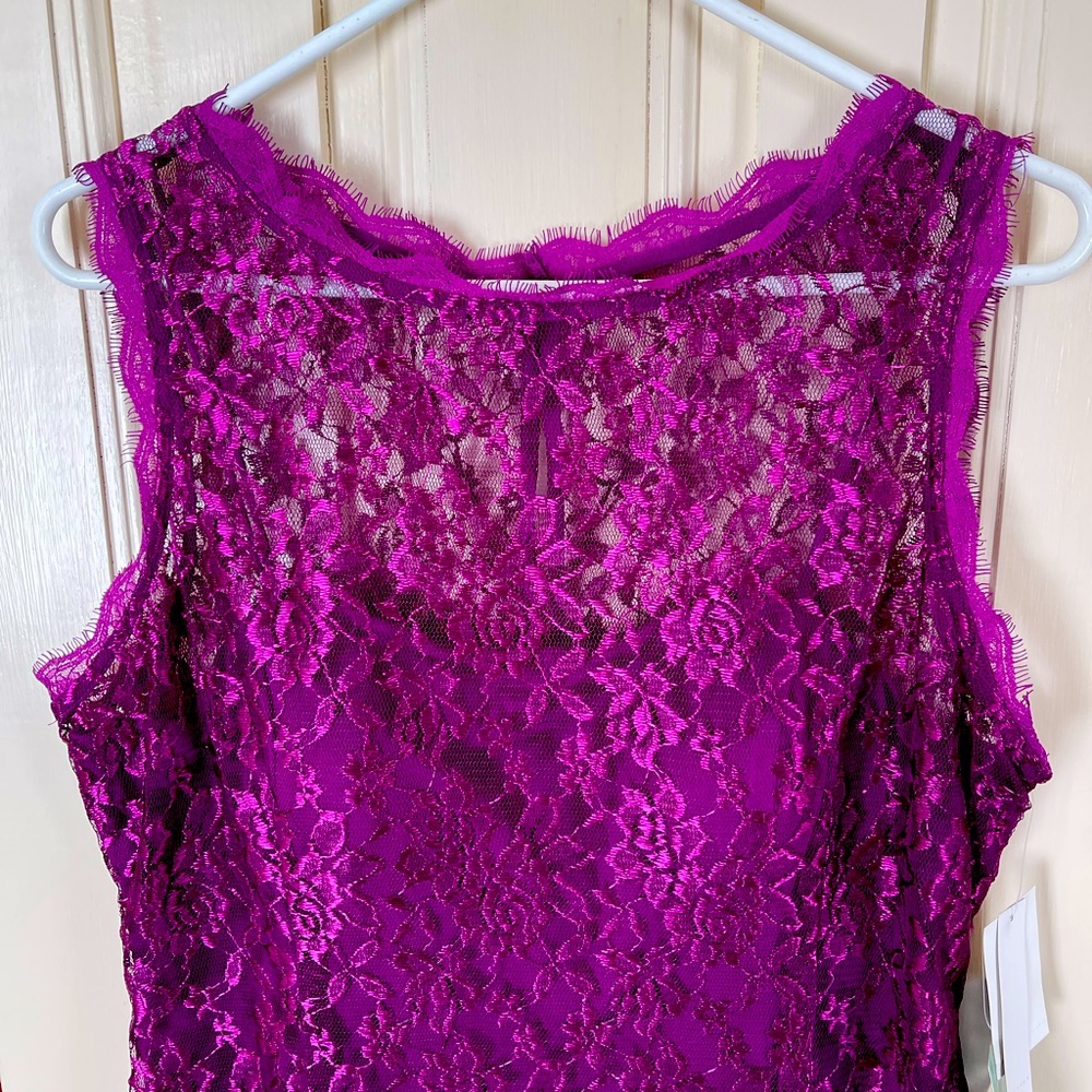 Magenta, stretch, knee length, lace dress. NWT